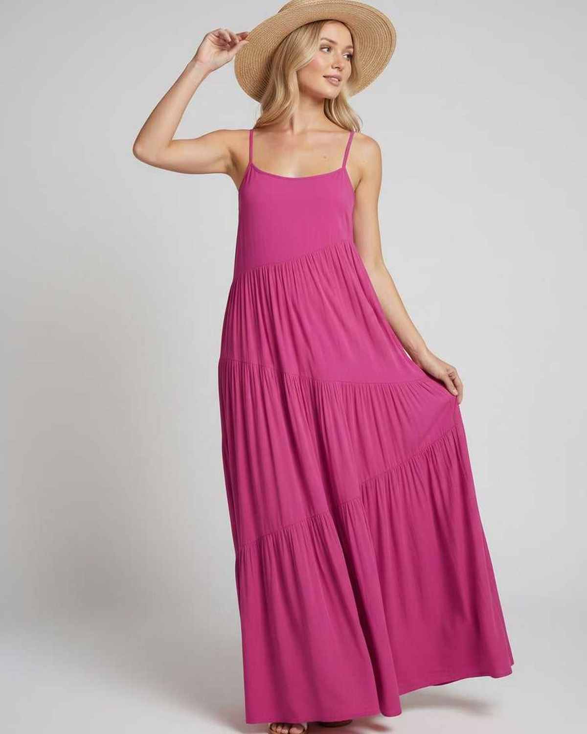 Solenne Maxi Dress by Lauven — rayon blend sleeveless scoop neck tiered A-line maxi dress