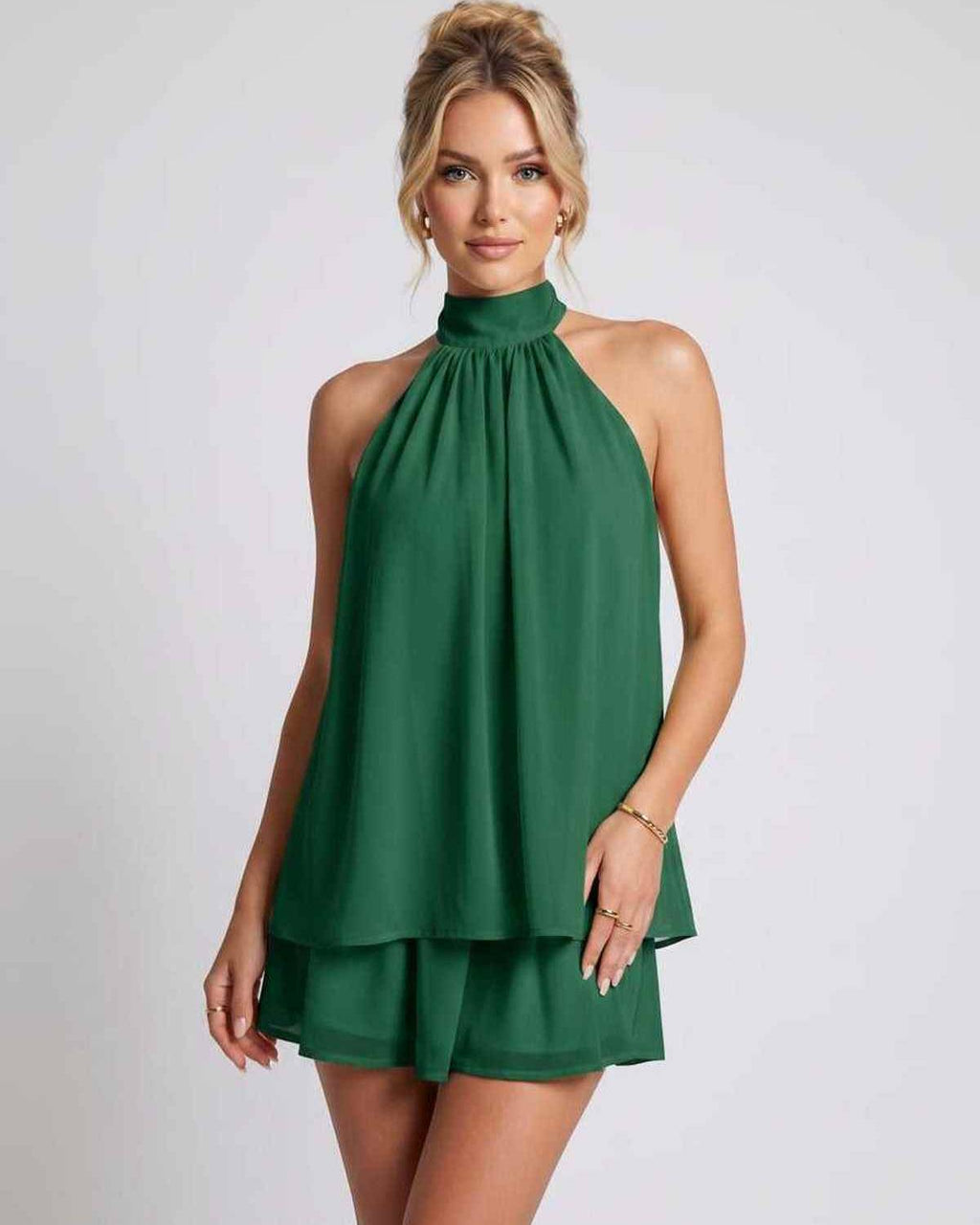 Celestia Mini Dress by Lauven — chiffon sleeveless halter neck mini dress