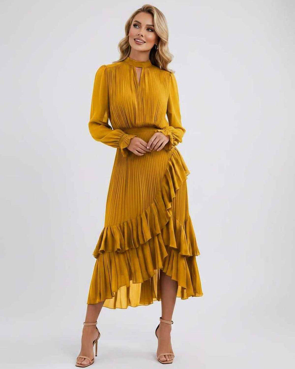 Celestia Maxi Dress by Lauven — chiffon long sleeve high neck A-line maxi dress