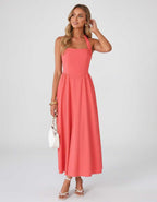 Veloura Midi Dress by Lauven — satin blend sleeveless square neck A-line midi dress
