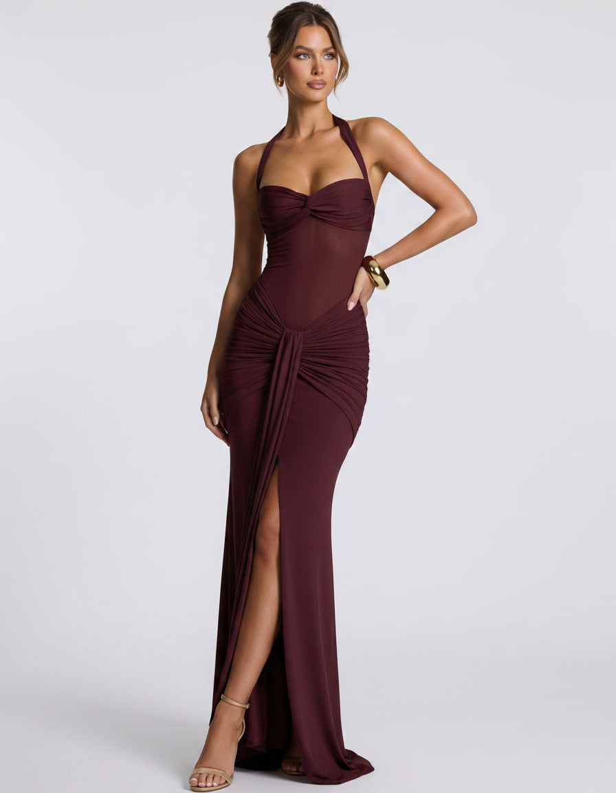 Solvane Maxi Dress by Lauven — stretch mesh sleeveless halter neck slim fit maxi dress