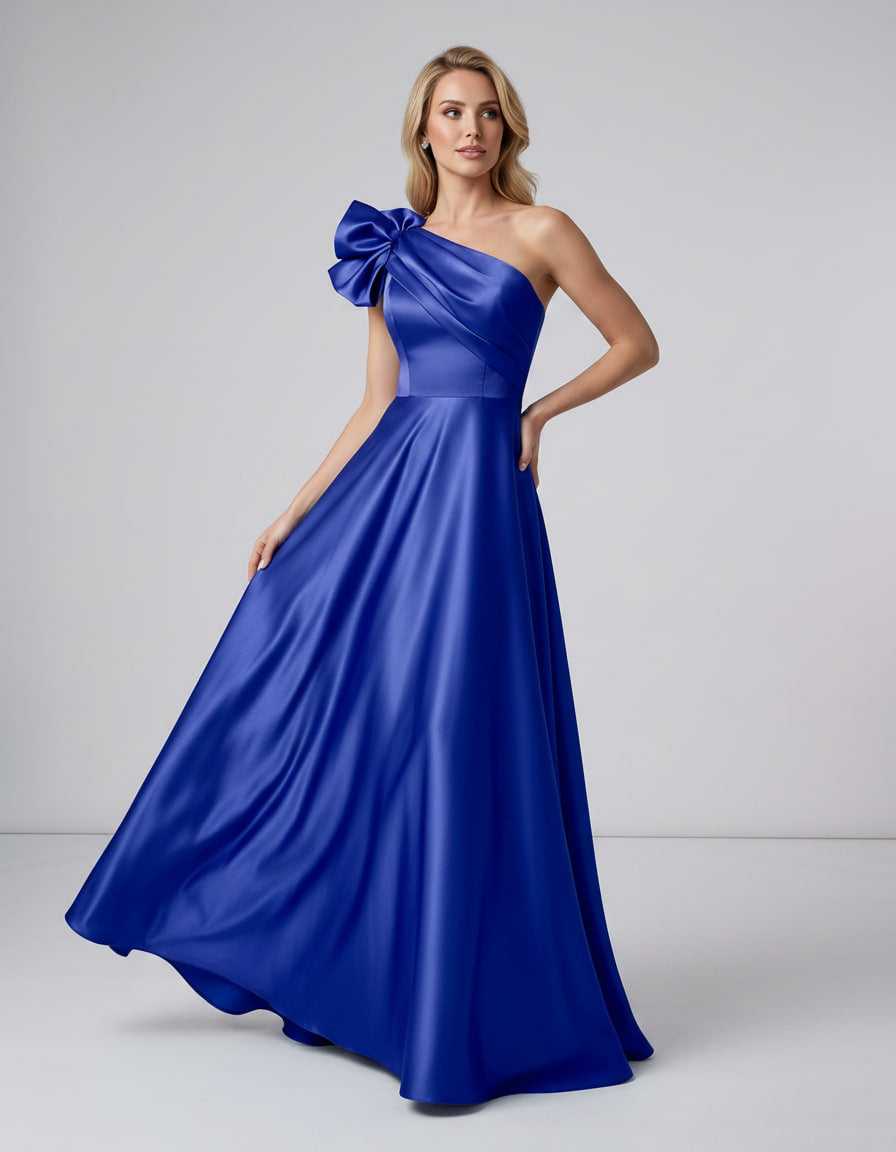 Aurevina Maxi Dress by Lauven — satin one shoulder A-line maxi dress with ruffle detail