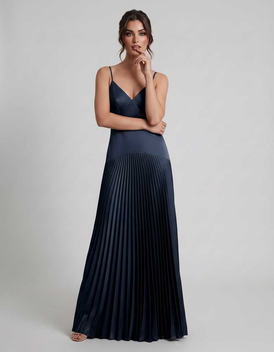 Veloura Maxi Dress by Lauven — satin spaghetti strap V-neck A-line maxi dress
