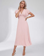 Veloura Midi Dress by Lauven — pleated chiffon flutter sleeve V-neck A-line midi dress