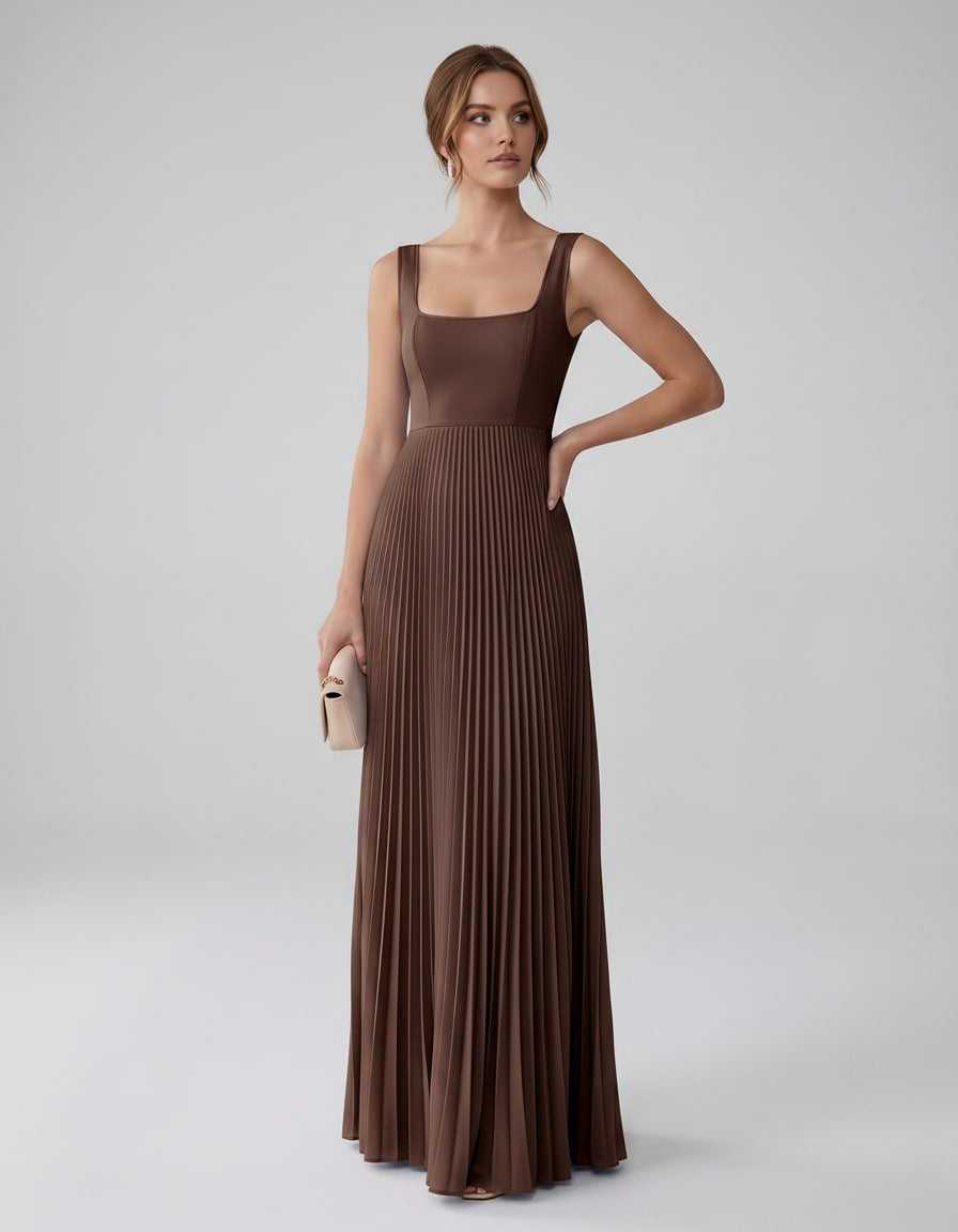 Veloura Maxi Dress by Lauven — satin chiffon sleeveless square neck pleated A-line maxi dress