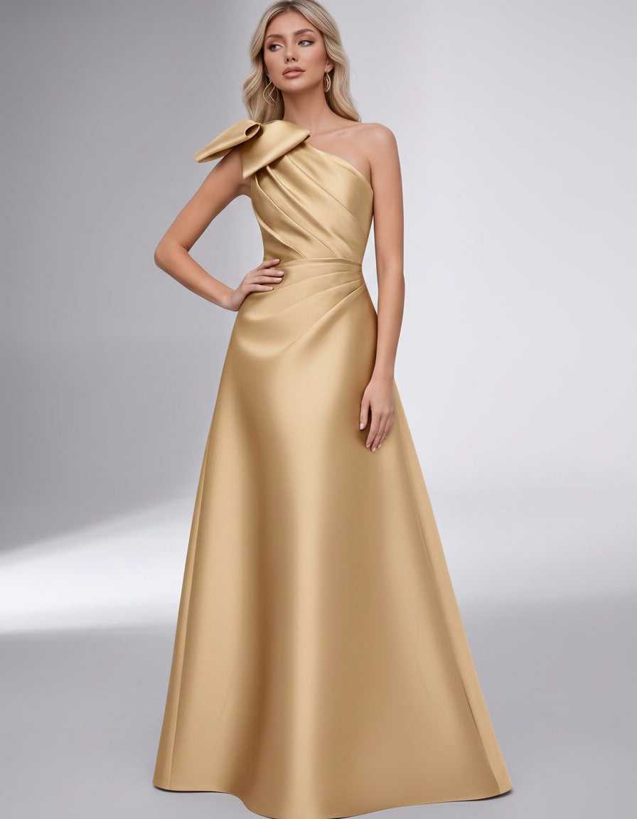 Celestia Maxi Dress by Lauven — satin one shoulder A-line maxi dress with bow