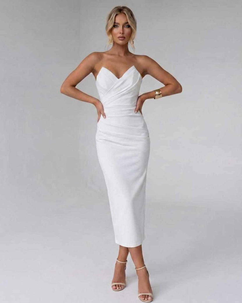 Serelle Midi Dress by Lauven — white smooth stretch strapless sweetheart neck fitted midi dress