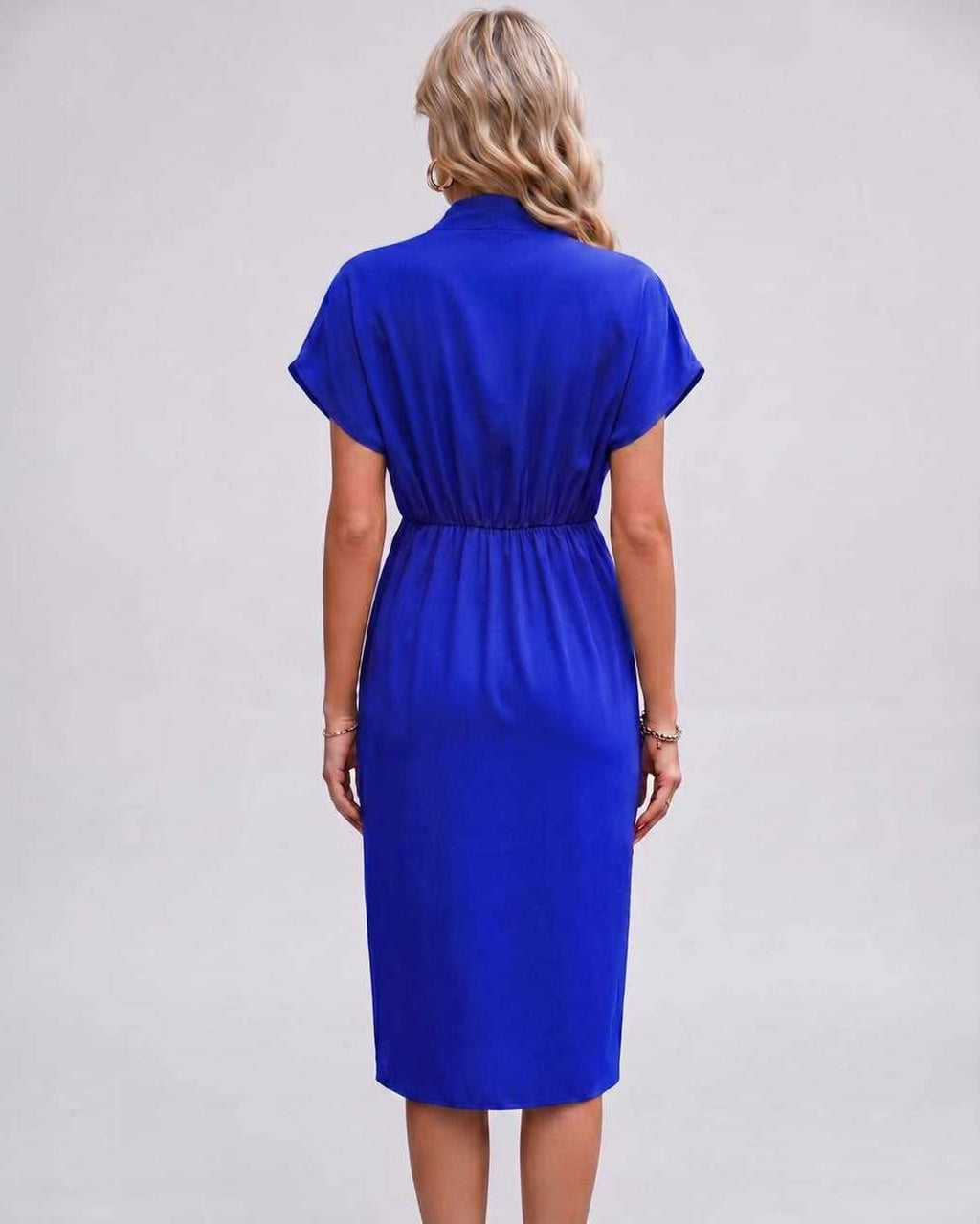 Veloura Midi Dress by Lauven — satin cap sleeve V-neck draped midi dress