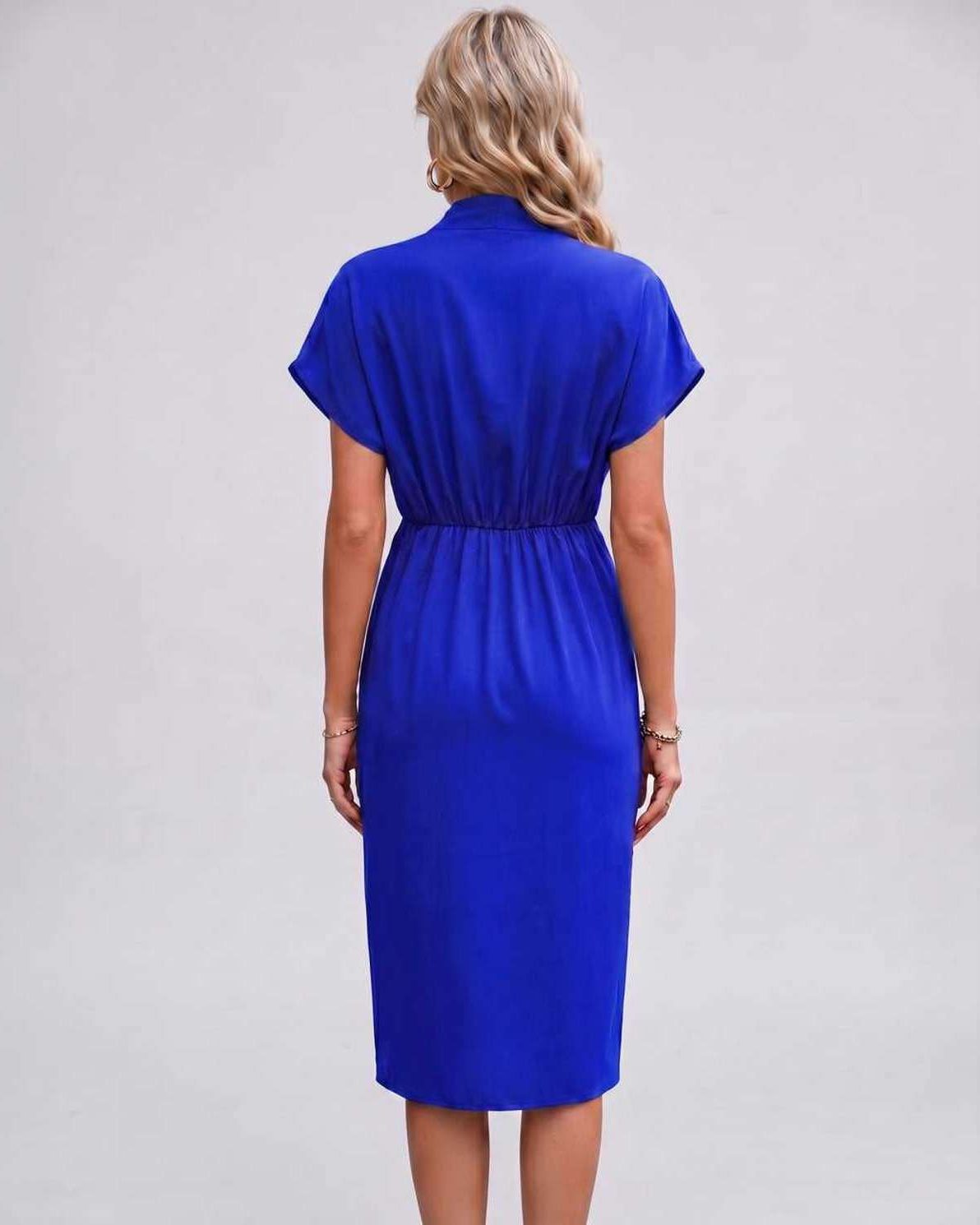 Veloura Midi Dress by Lauven — satin cap sleeve V-neck draped midi dress
