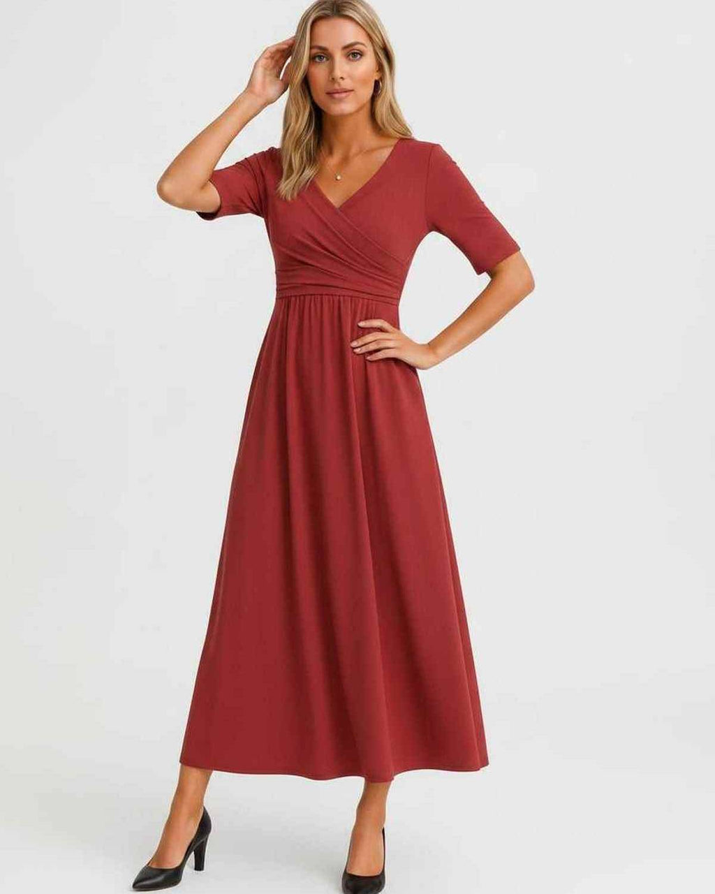 Velmira Midi Dress by Lauven — soft stretch short sleeve V-neck A-line midi dress