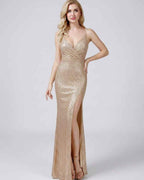 Celeste Maxi Dress by Lauven — sequin sleeveless V-neck mermaid maxi dress with spaghetti straps and front slit