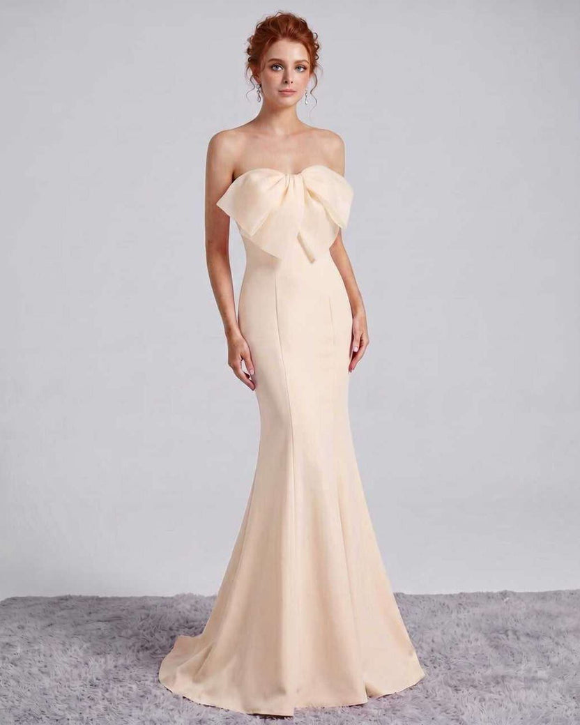 Rosabelle Maxi Dress by Lauven — beige polyester spandex sleeveless off-the-shoulder mermaid maxi dress