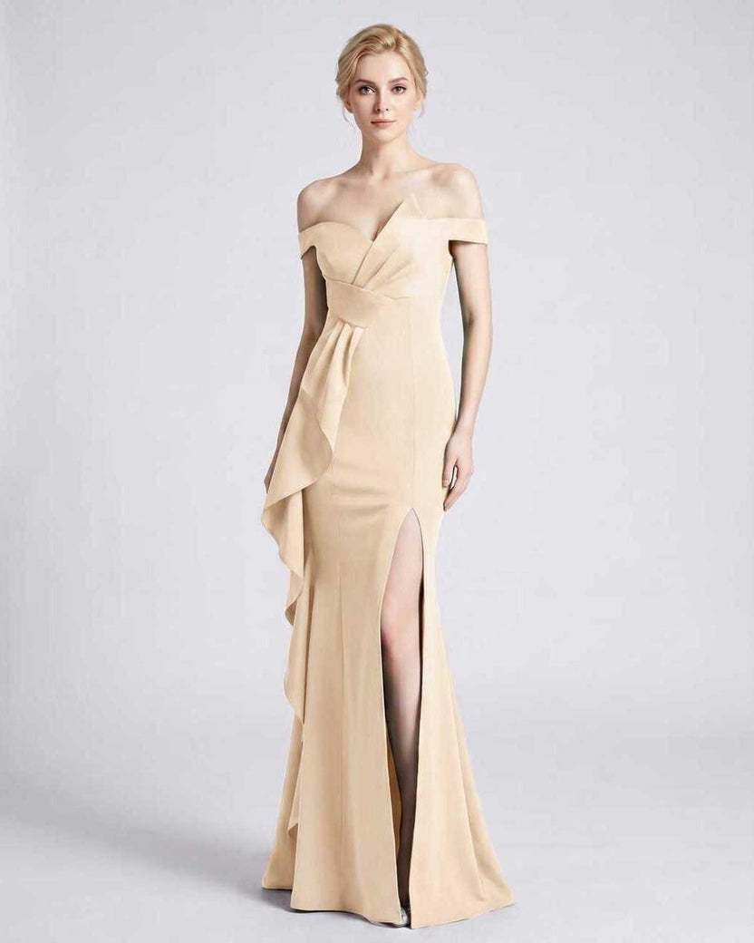 Veloura Maxi Dress by Lauven — beige polyester spandex off-the-shoulder mermaid maxi dress with slit