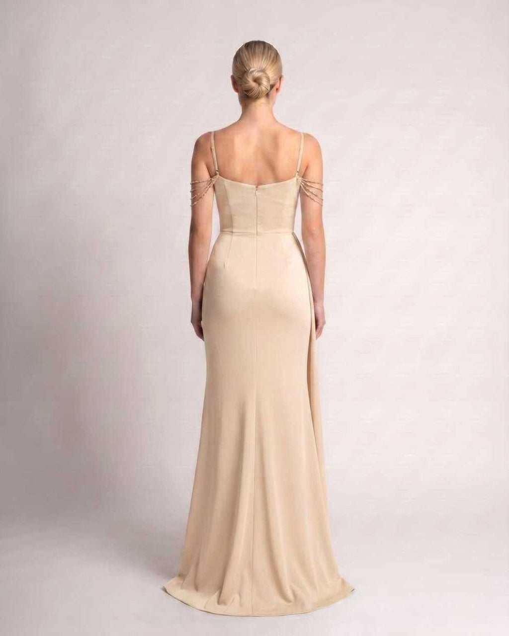 Celestia Maxi Dress by Lauven — polyester spaghetti strap mermaid maxi dress with beading and split