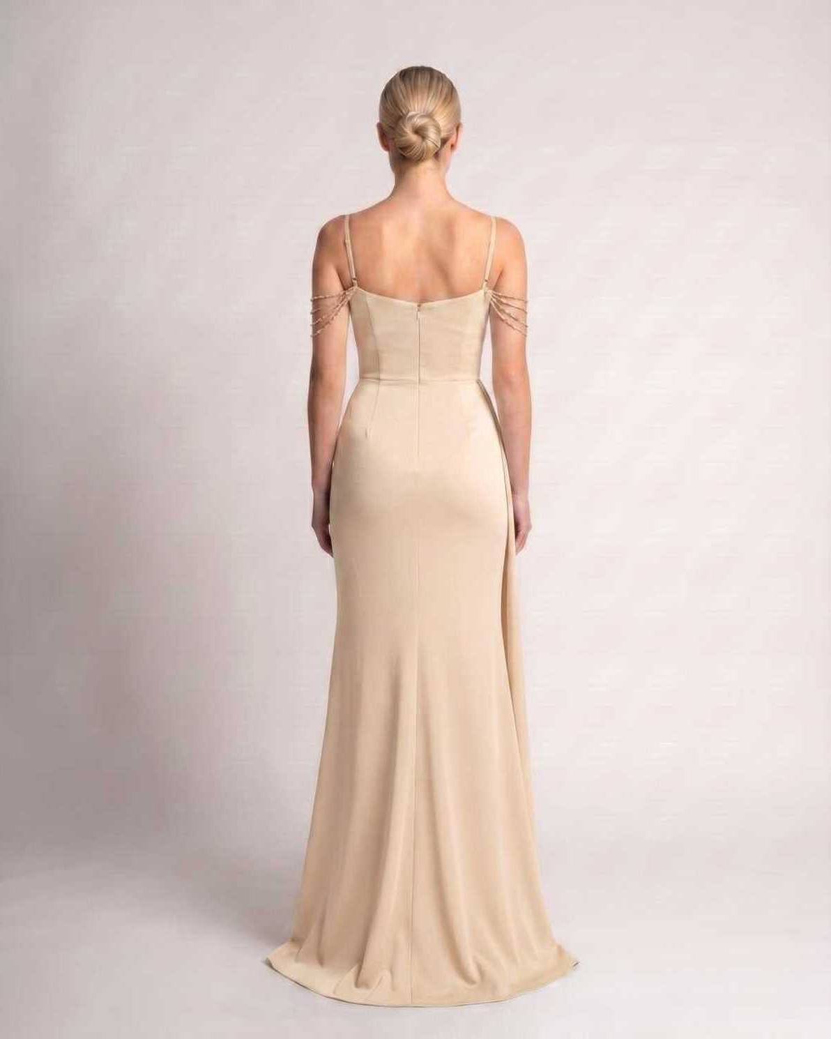 Celestia Maxi Dress by Lauven — polyester spaghetti strap mermaid maxi dress with beading and split