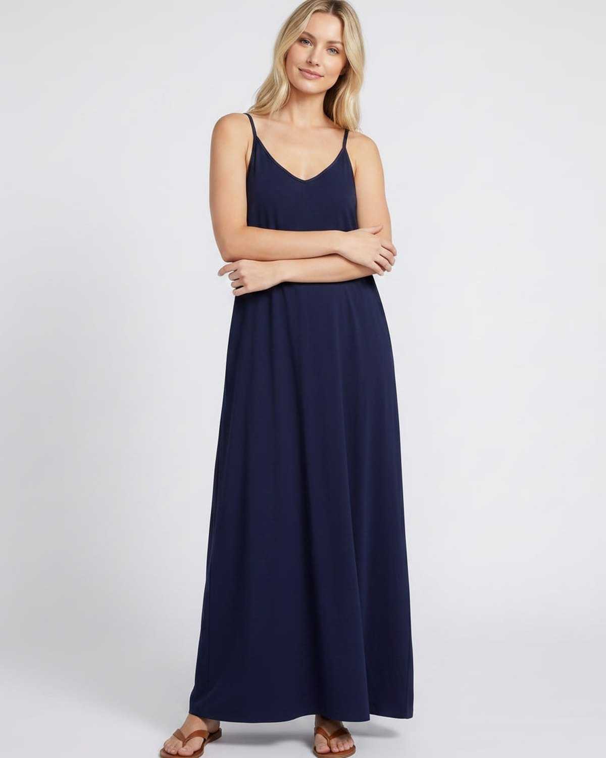 Solenne Maxi Dress by Lauven — soft stretch sleeveless V-neck relaxed A-line maxi dress