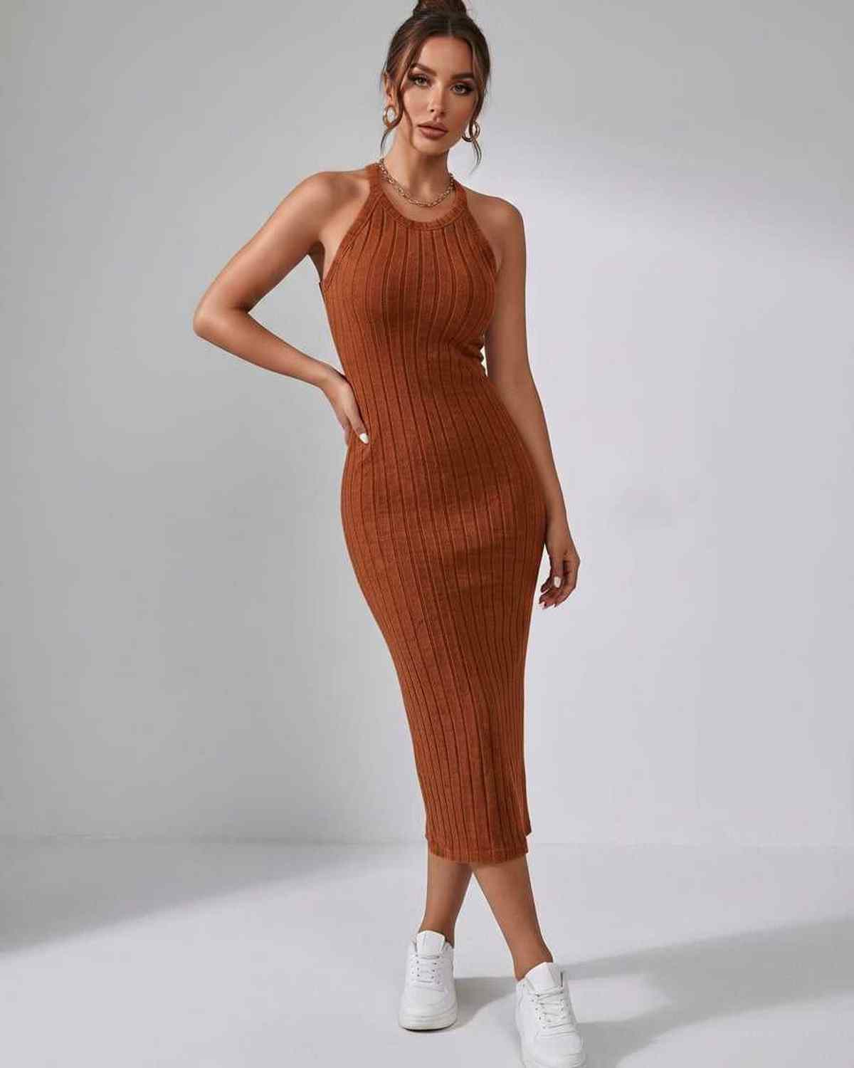 Lunara Midi Dress by Lauven — ribbed knit sleeveless crew neck slim-fit midi dress