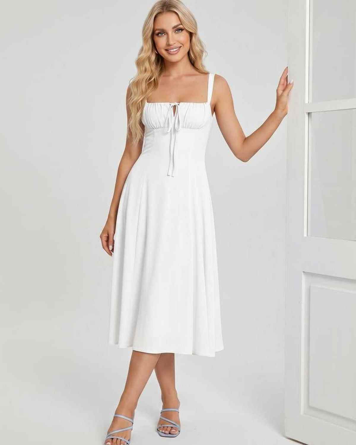 Serelune Midi Dress by Lauven — lightweight sleeveless square neck A-line midi dress