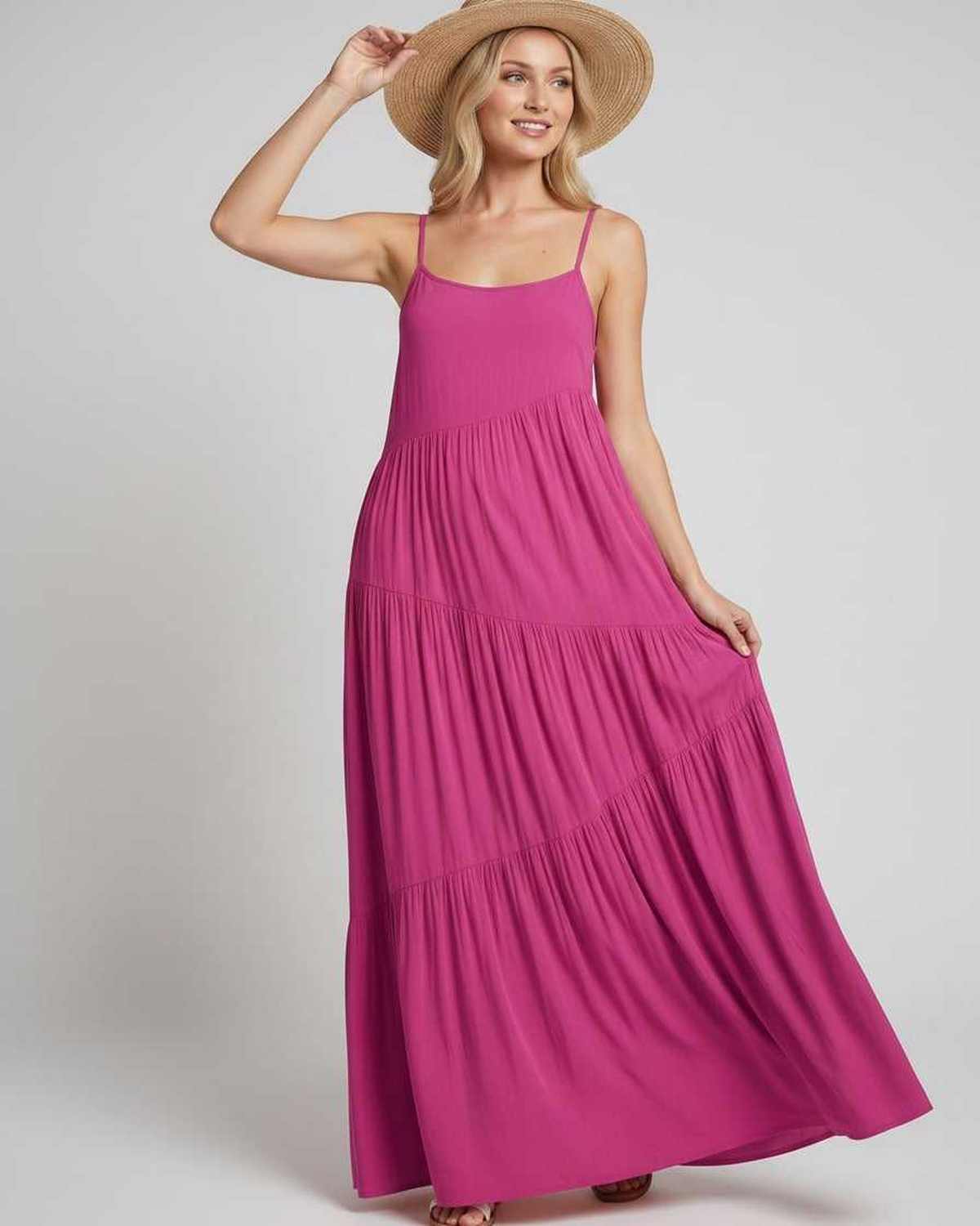 Solenne Maxi Dress by Lauven — rayon blend sleeveless scoop neck tiered A-line maxi dress
