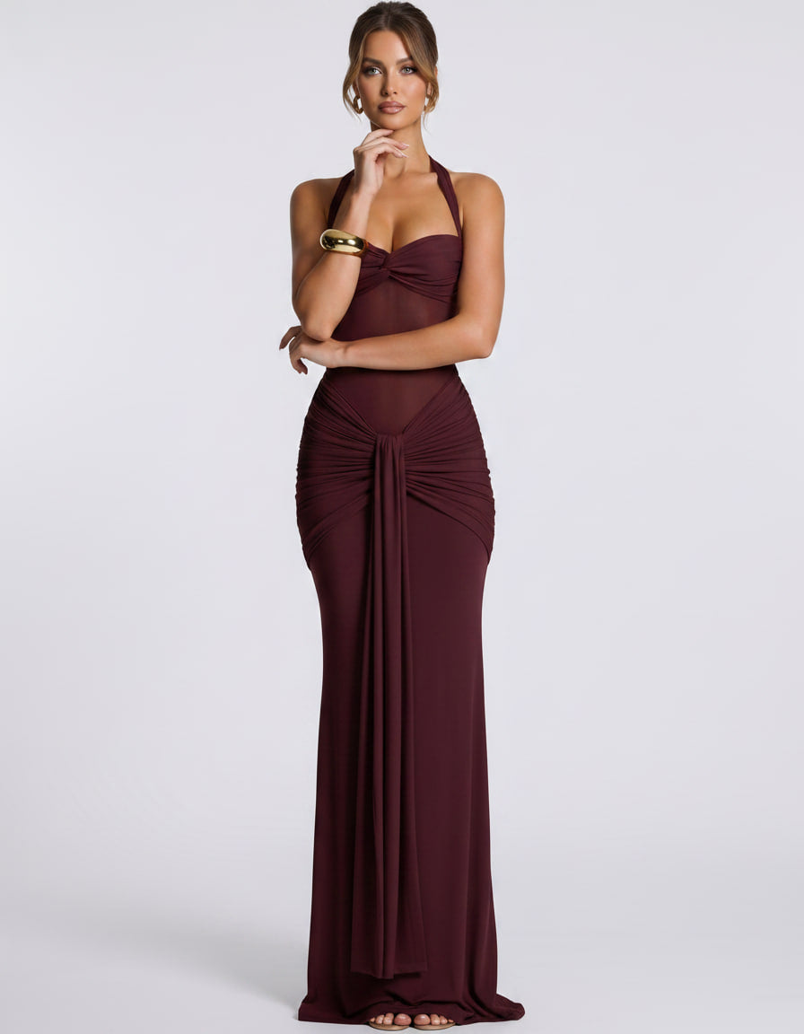 Solvane Maxi Dress by Lauven — stretch mesh sleeveless halter neck slim fit maxi dress