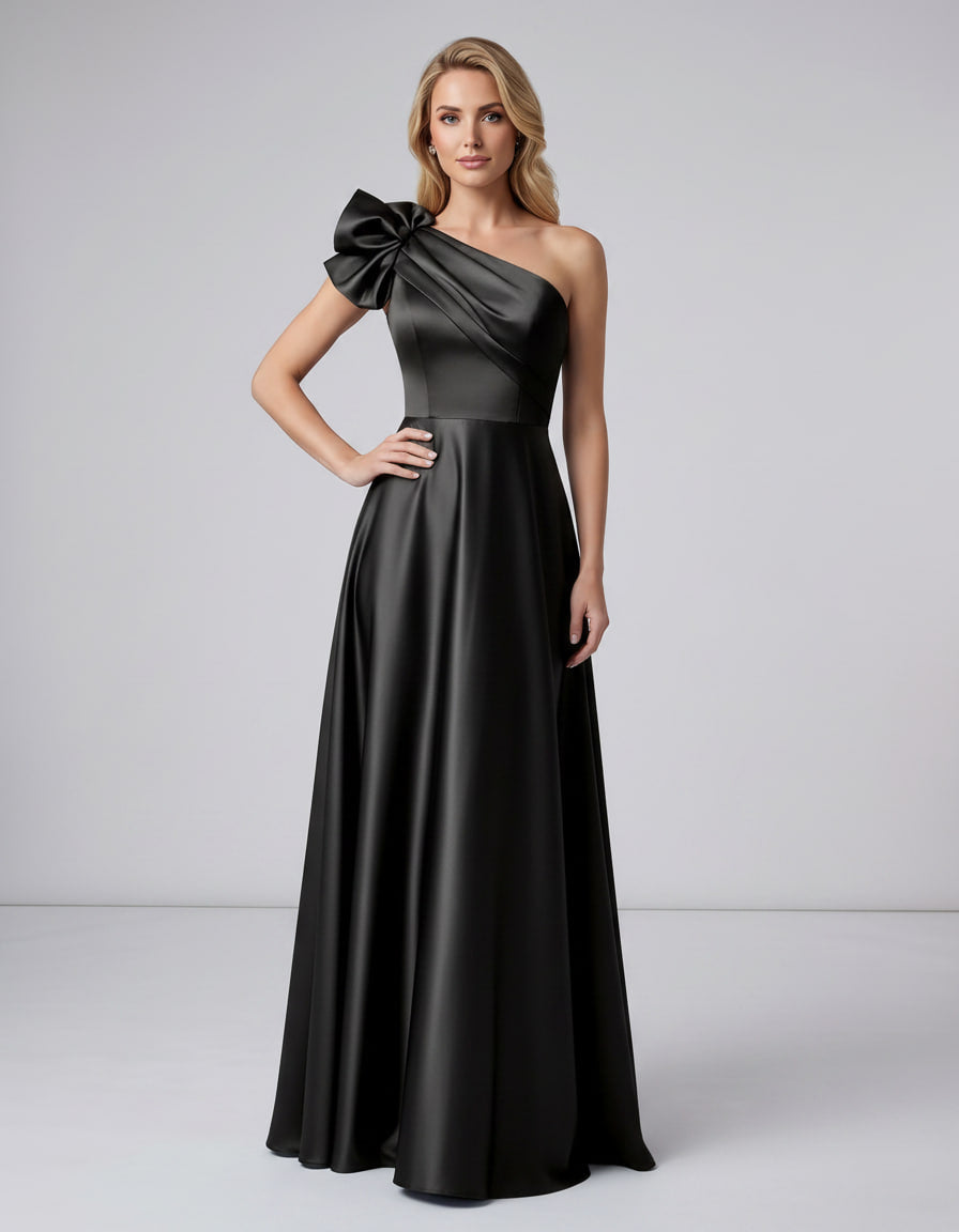Aurevina Maxi Dress by Lauven — satin one shoulder A-line maxi dress with ruffle detail