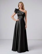 Aurevina Maxi Dress by Lauven — satin one shoulder A-line maxi dress with ruffle detail