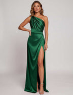 Veloura Maxi Dress by Lauven — satin one-shoulder mermaid maxi dress with slit