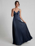 Veloura Maxi Dress by Lauven — satin spaghetti strap V-neck A-line maxi dress
