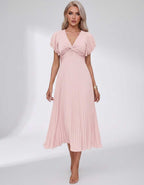 Veloura Midi Dress by Lauven — pleated chiffon flutter sleeve V-neck A-line midi dress