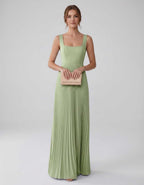 Veloura Maxi Dress by Lauven — satin chiffon sleeveless square neck pleated A-line maxi dress