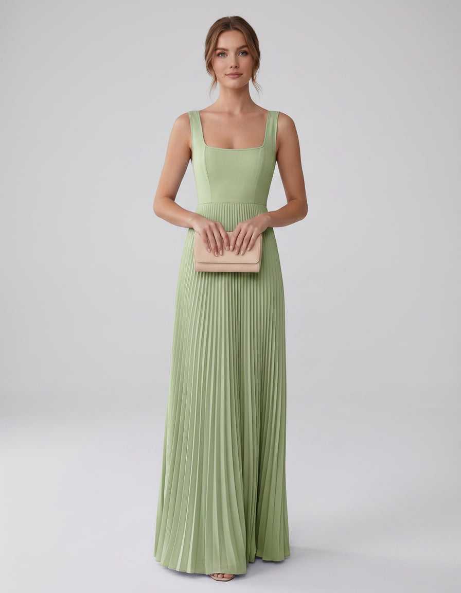 Veloura Maxi Dress by Lauven — satin chiffon sleeveless square neck pleated A-line maxi dress