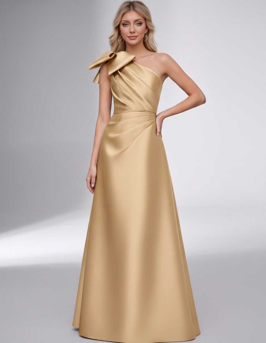 Celestia Maxi Dress by Lauven — satin one shoulder A-line maxi dress with bow