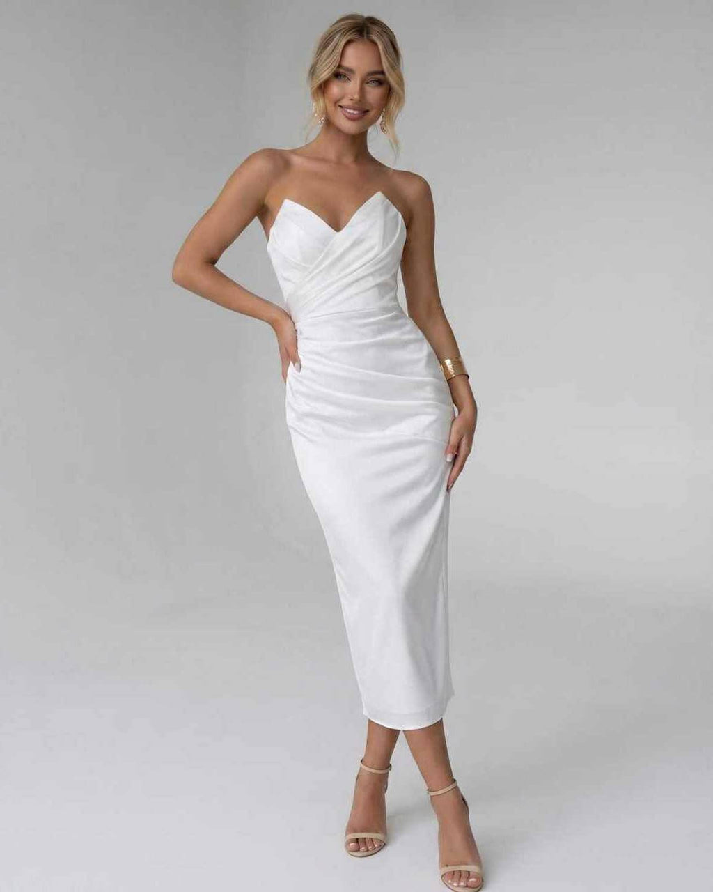 Serelle Midi Dress by Lauven — smooth stretch strapless sweetheart neck fitted midi dress