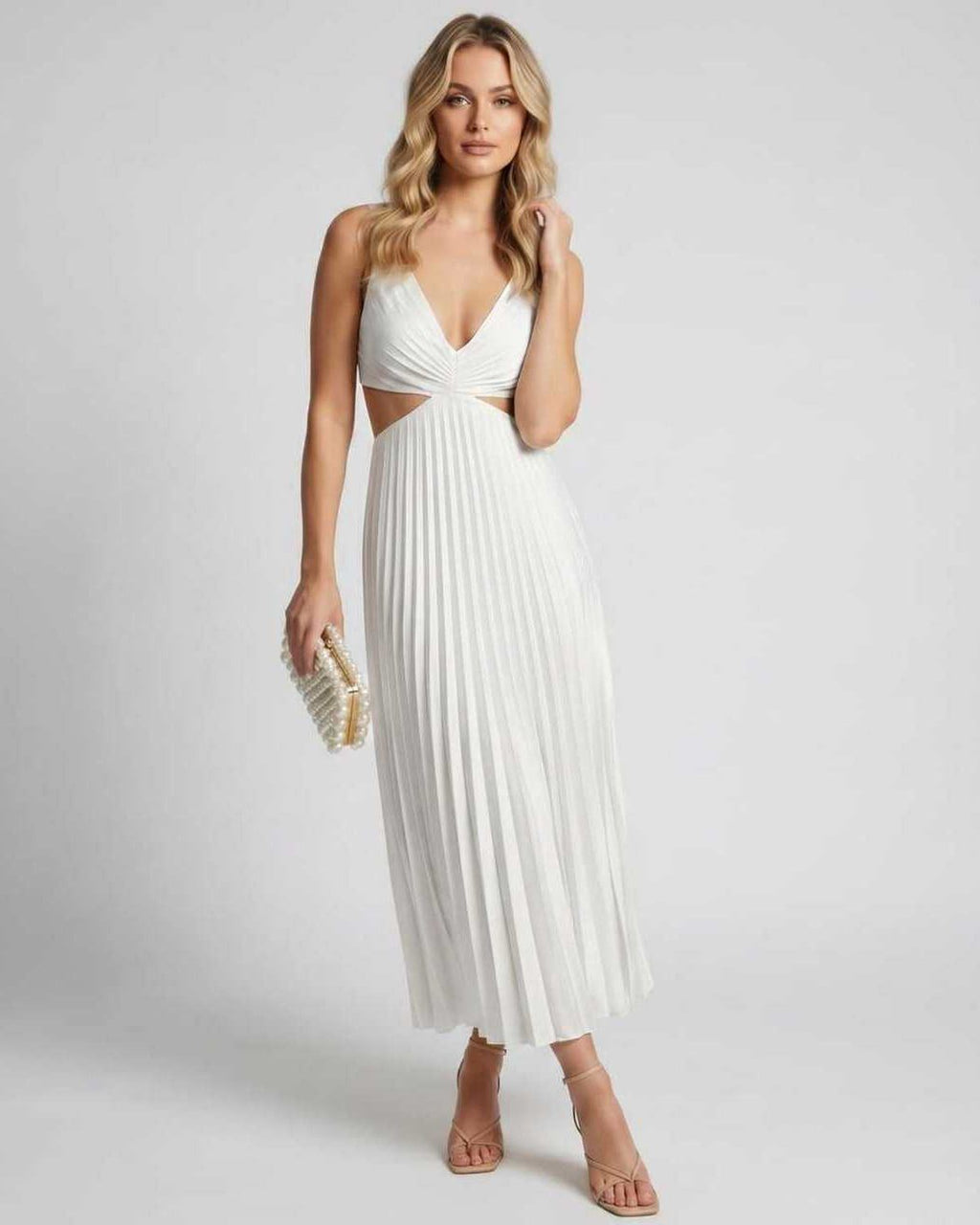 Lunara Midi Dress by Lauven — satin sleeveless V-neck flowing pleated midi dress