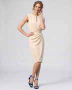 Velmira Midi Dress by Lauven — sleeveless keyhole wrap midi dress with ruched waist