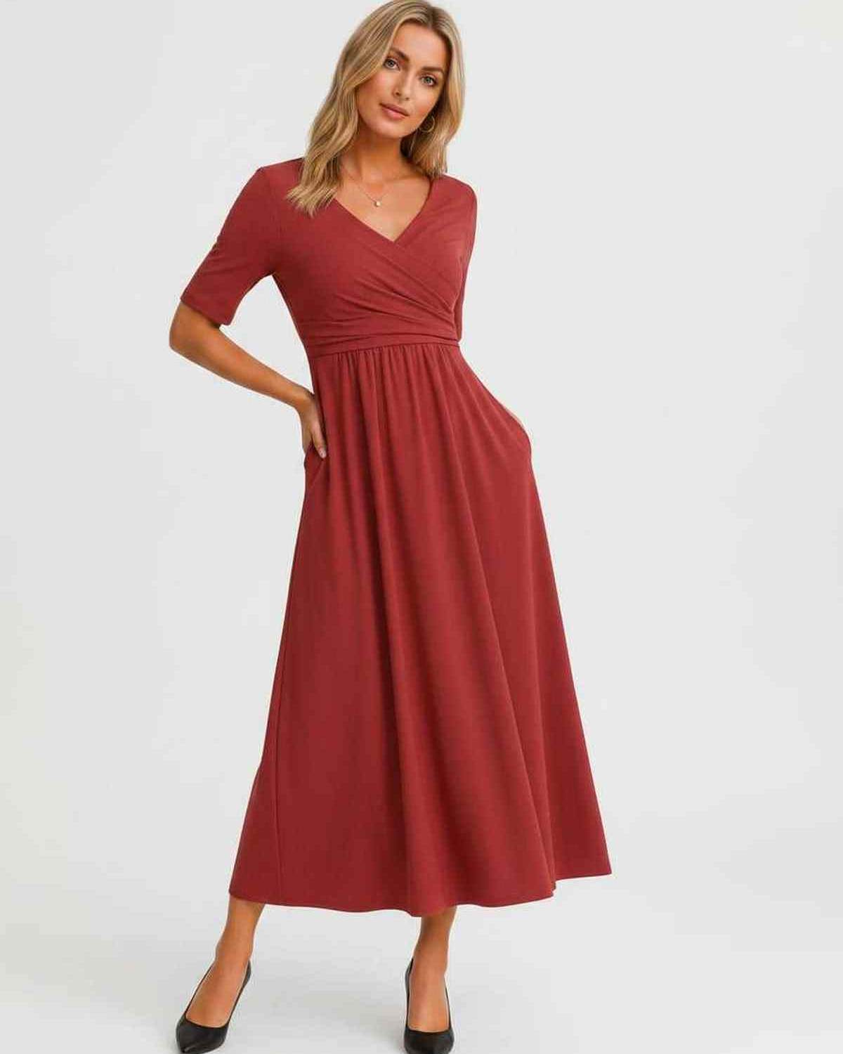 Velmira Midi Dress by Lauven — soft stretch short sleeve V-neck A-line midi dress