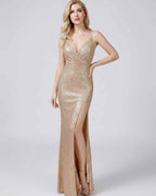 Celeste Maxi Dress by Lauven — sequin sleeveless V-neck mermaid maxi dress with spaghetti straps and front slit
