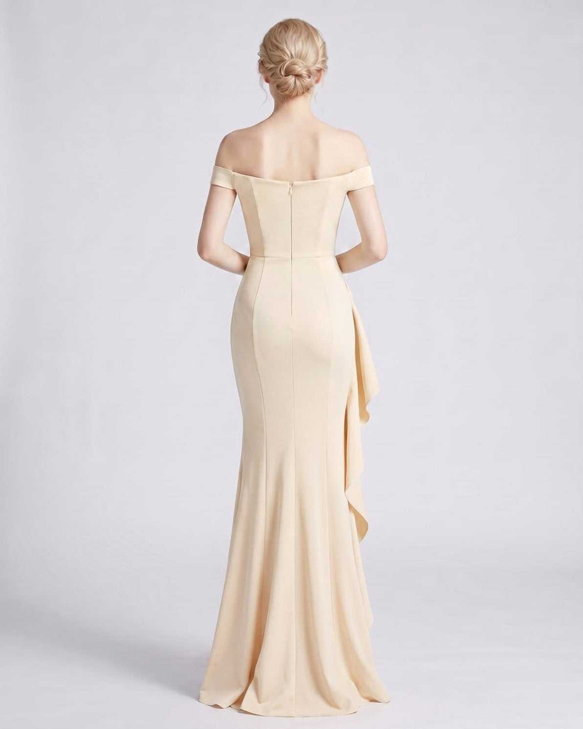 Veloura Maxi Dress by Lauven — polyester spandex off-the-shoulder mermaid maxi dress with slit