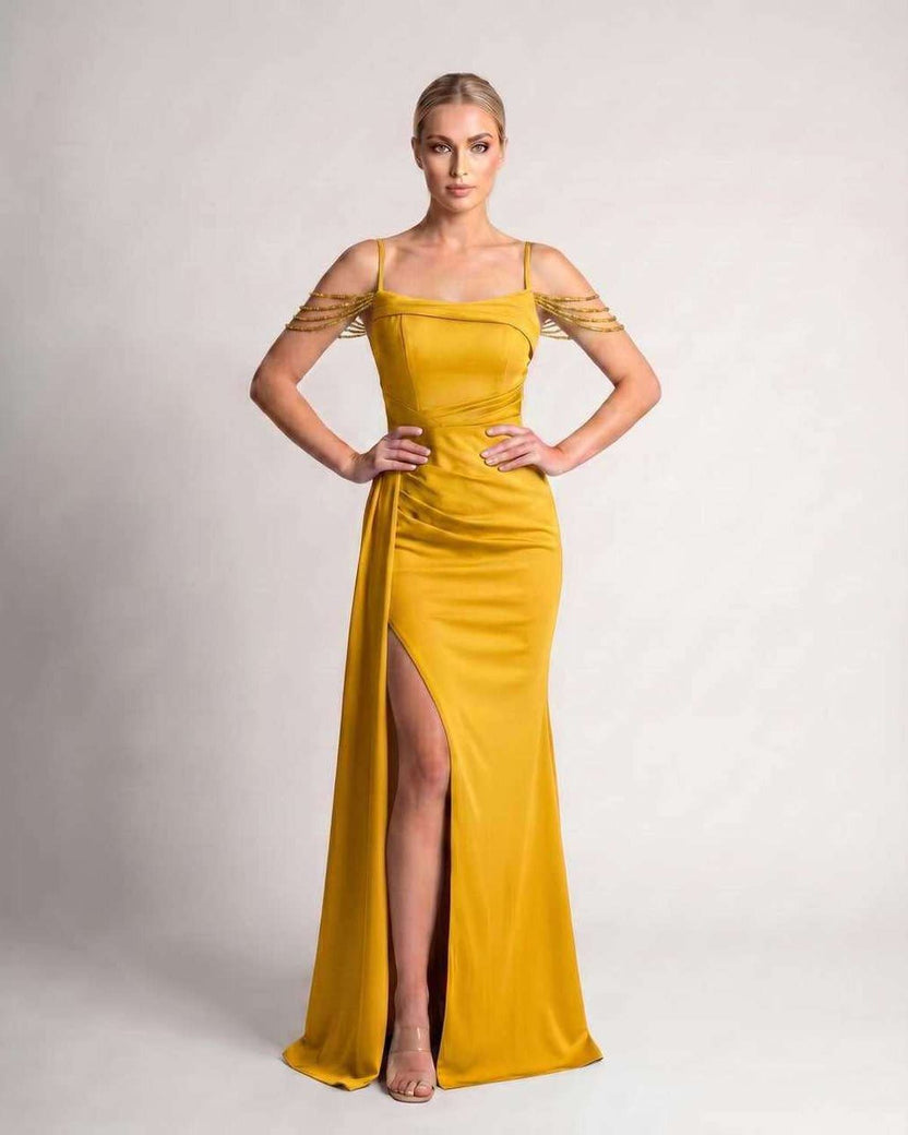 Celestia Maxi Dress by Lauven — yellow polyester spaghetti strap mermaid maxi dress with beading and split