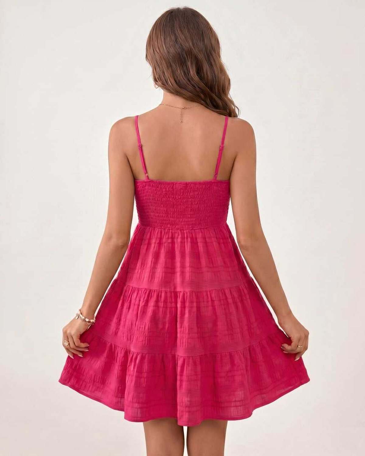 Solara Mini Dress by Lauven — textured sleeveless square neck tiered swing mini dress