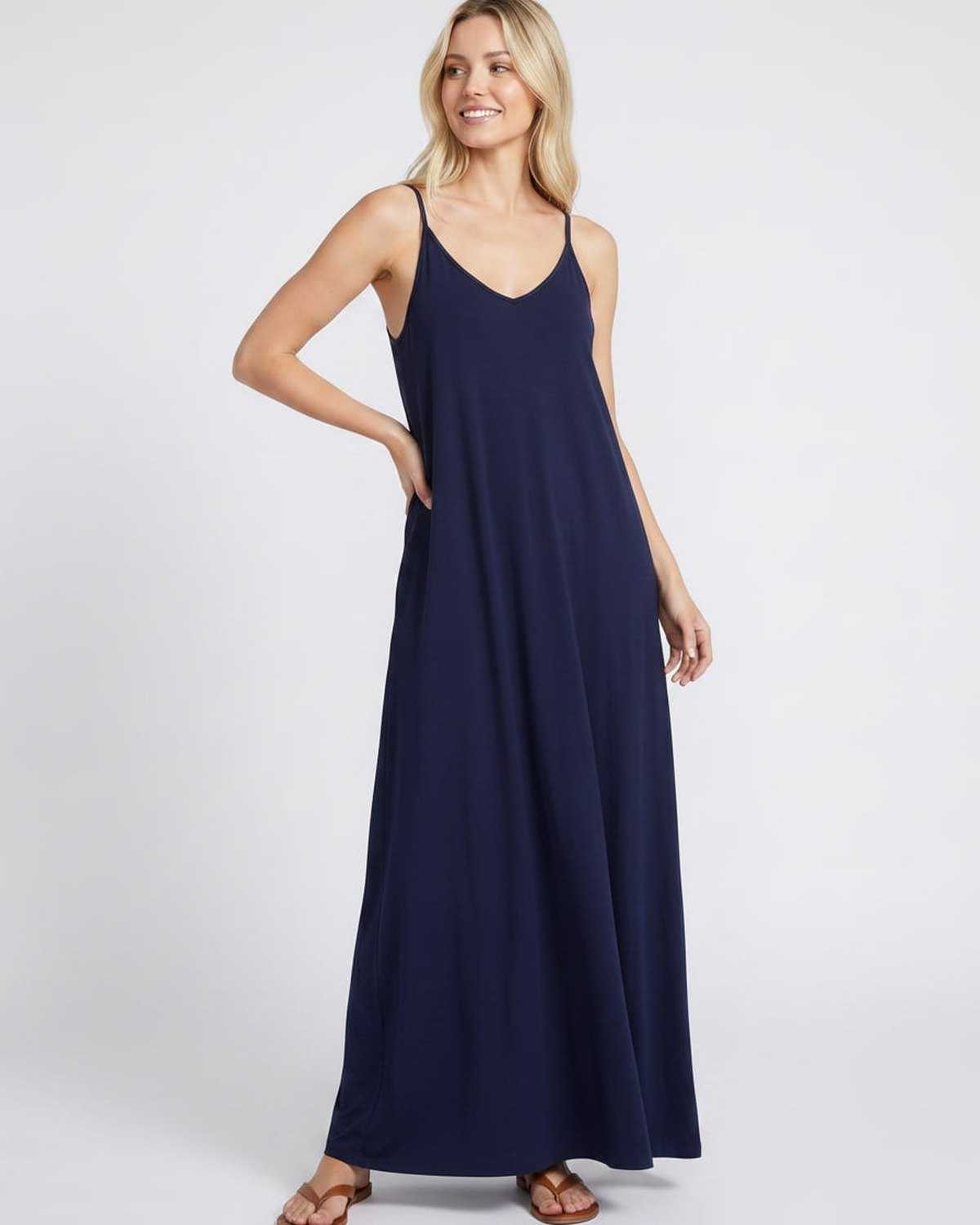 Solenne Maxi Dress by Lauven — soft stretch sleeveless V-neck relaxed A-line maxi dress