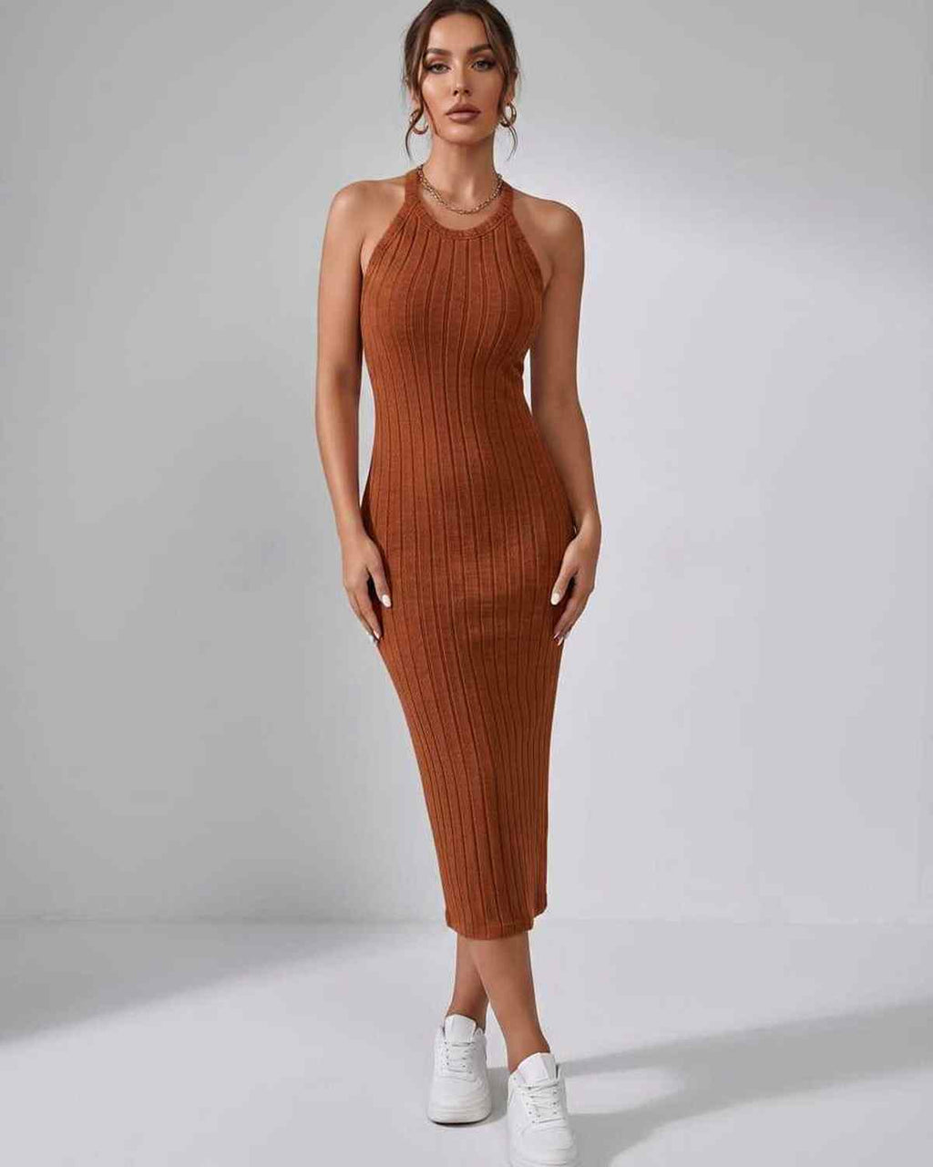 Lunara Midi Dress by Lauven — ribbed knit sleeveless crew neck slim-fit midi dress