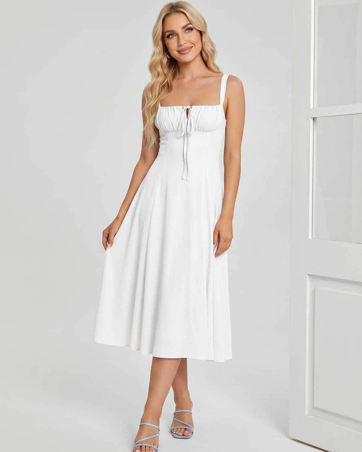 Serelune Midi Dress by Lauven — lightweight sleeveless square neck A-line midi dress
