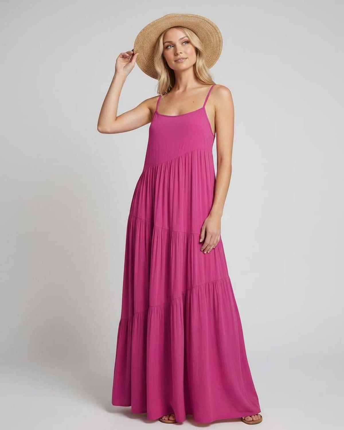 Solenne Maxi Dress by Lauven — rayon blend sleeveless scoop neck tiered A-line maxi dress