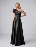 Aurevina Maxi Dress by Lauven — satin one shoulder A-line maxi dress with ruffle detail