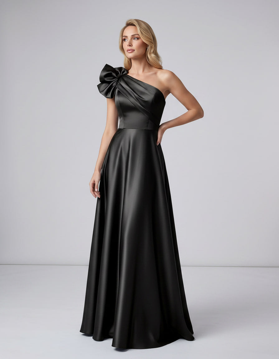 Aurevina Maxi Dress by Lauven — satin one shoulder A-line maxi dress with ruffle detail