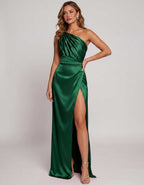 Veloura Maxi Dress by Lauven — satin one-shoulder mermaid maxi dress with slit