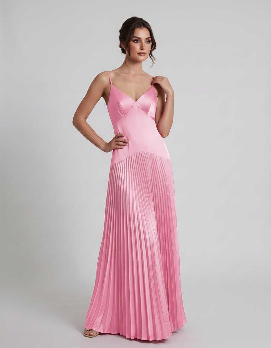 Veloura Maxi Dress by Lauven — satin spaghetti strap V-neck A-line maxi dress