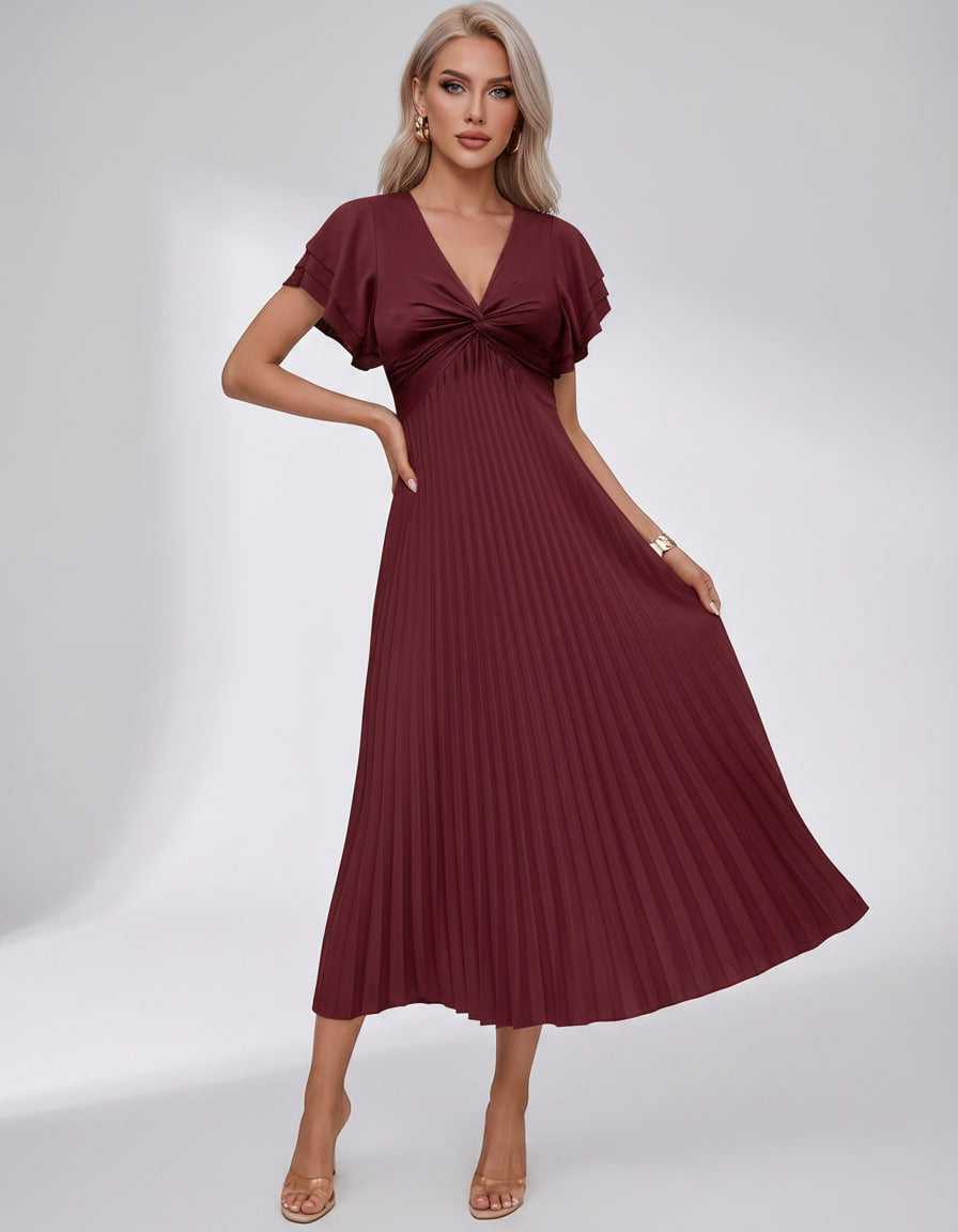 Veloura Midi Dress by Lauven — pleated chiffon flutter sleeve V-neck A-line midi dress