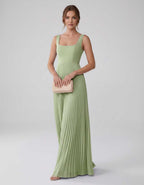 Veloura Maxi Dress by Lauven — satin chiffon sleeveless square neck pleated A-line maxi dress